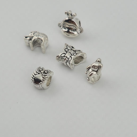 5pc Silver Tone Animal Bead Lot: Owl Elephant Frog Dog Rabbit Spider - Picture 3 of 3